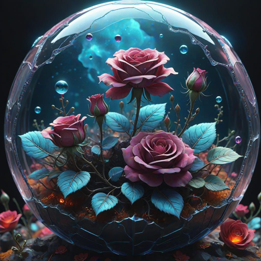 Surreal Dark Academia Glass Terrarium with Bioluminescent Ro...
