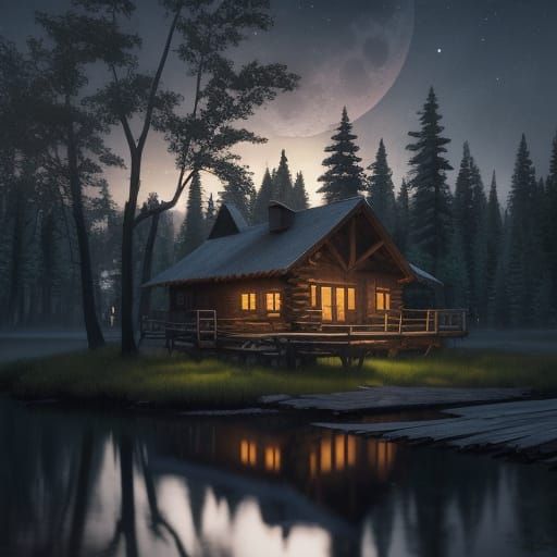 Rustic Cabin by Moonlit Lake at Dusk