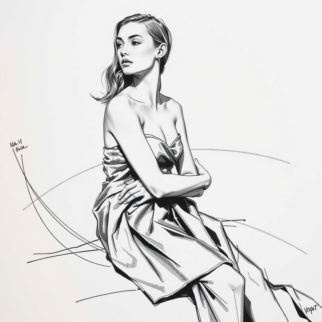 Elegant Fashion Model in Pencil Sketch Style