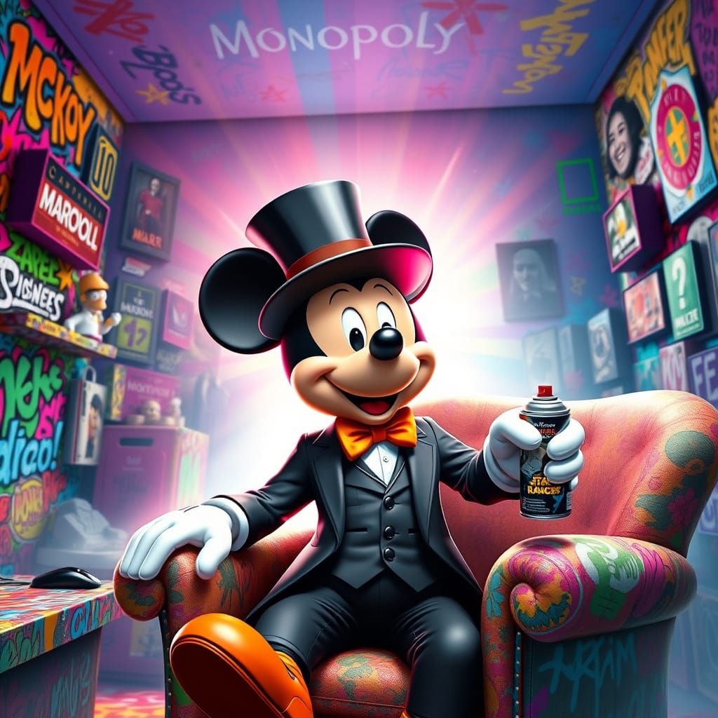Regal Monopoly Mogul in a Vibrant, Graffiti-Adorned Office
