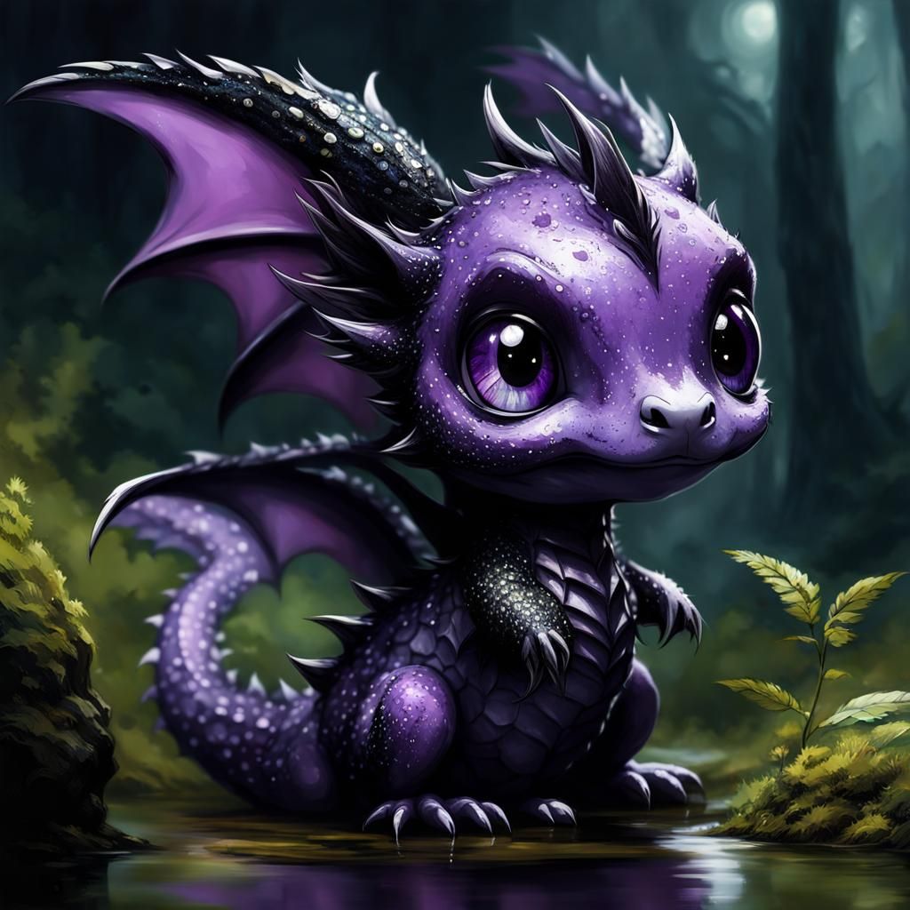 Goth Chibi Dragon in Forest: Digital Illustration
