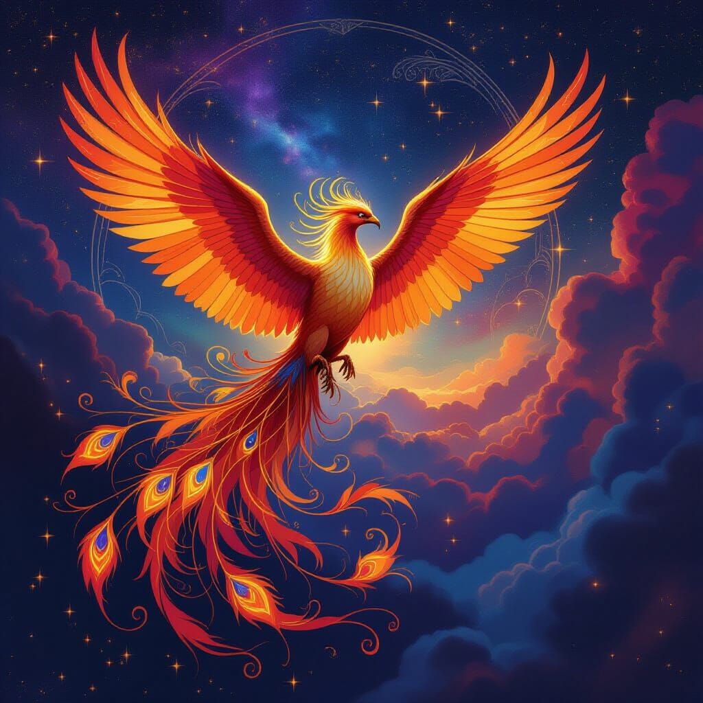 Majestic Phoenix Soaring Through Cosmic Nebula in Art Nouvea...
