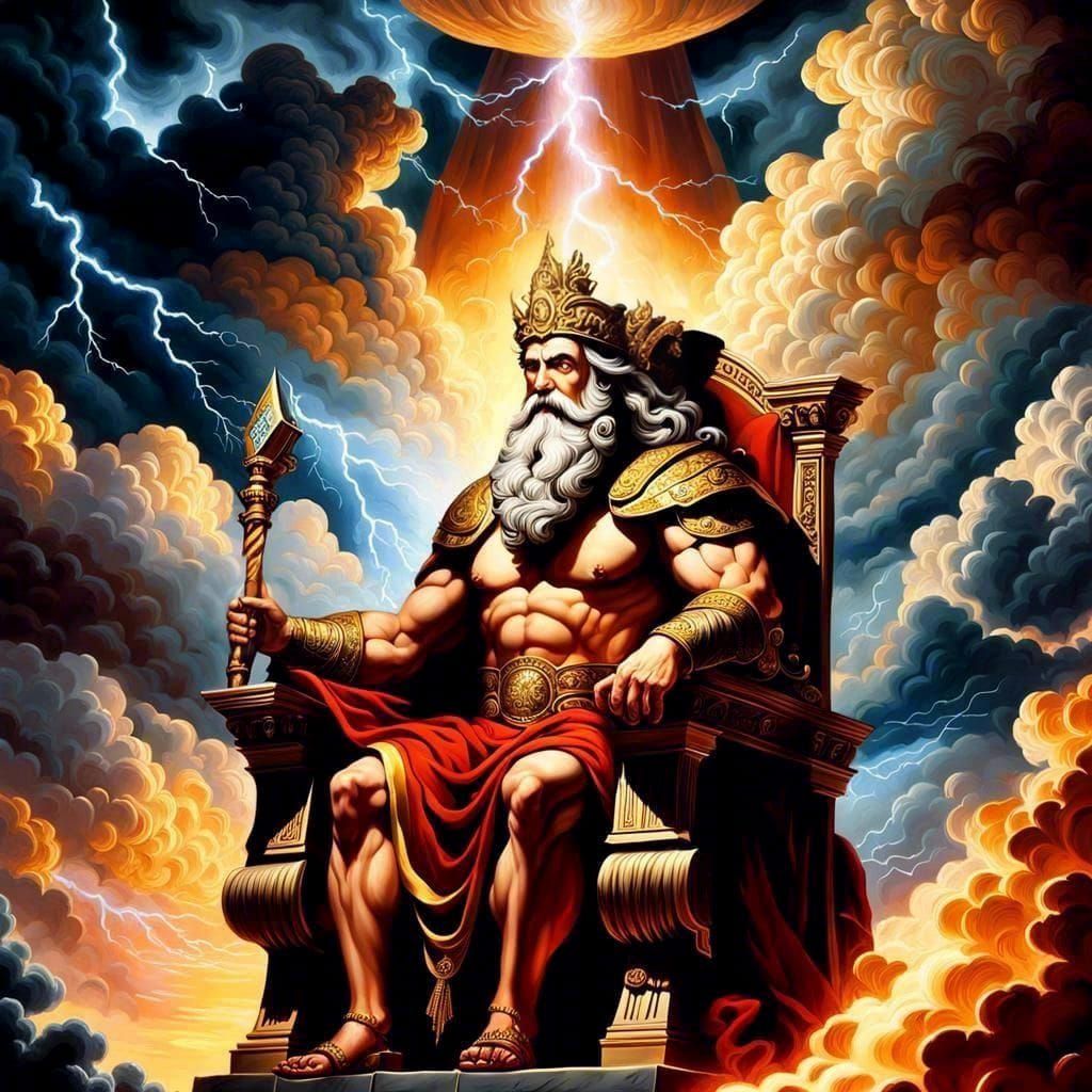 Zeus on Cloud Throne in Detailed Oil Painting