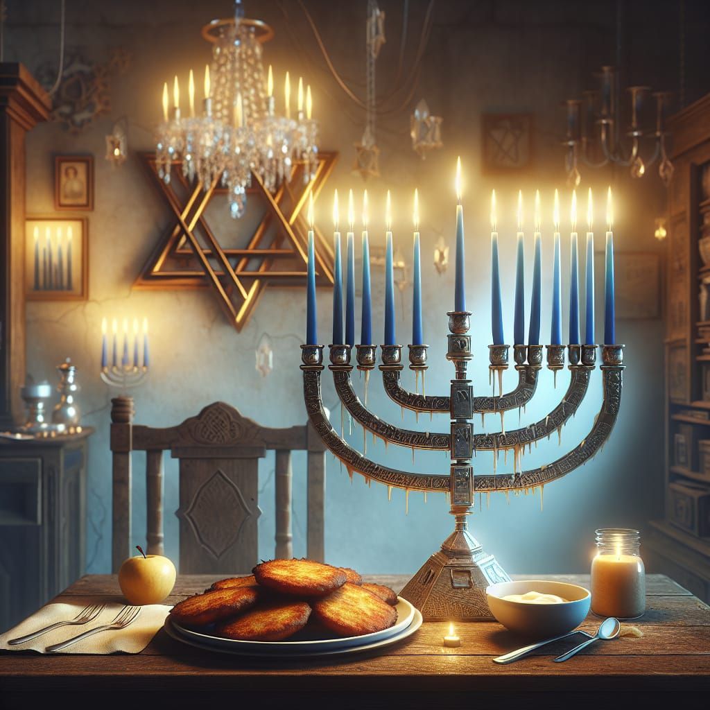 Hanukkah Scene with Menorah and Latkes