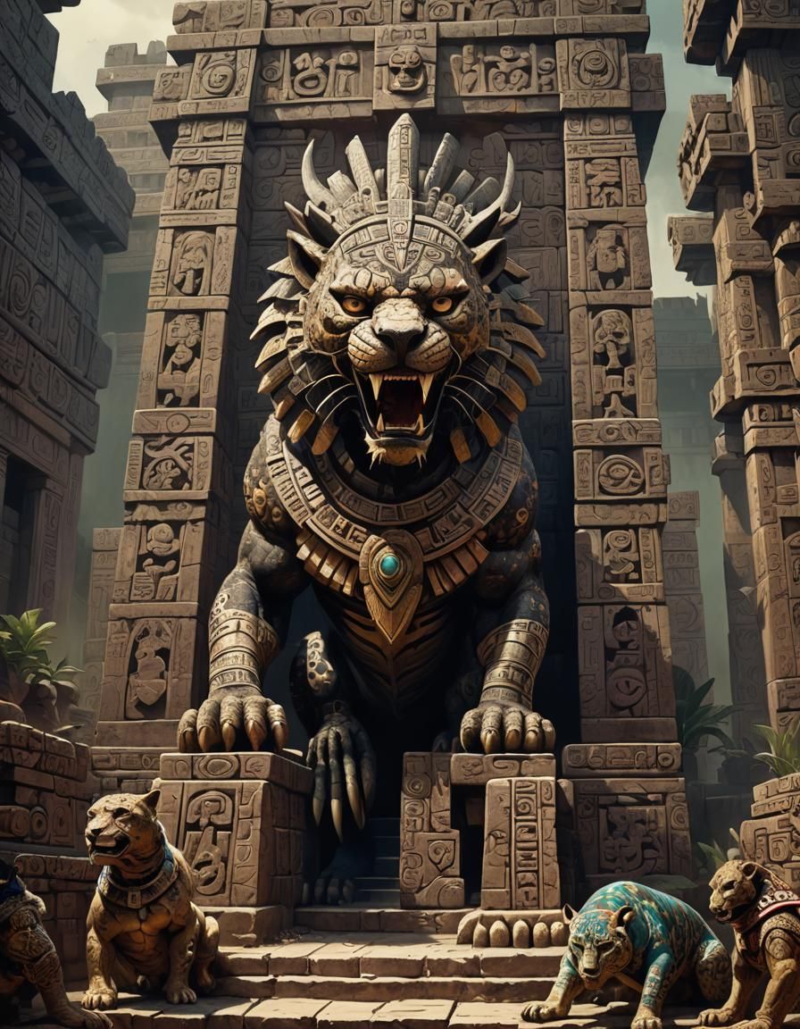 Sinister Jaguar Demon Ascends from Aztec Temple