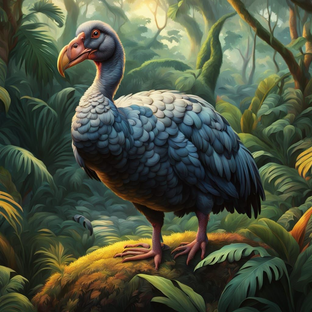 Dodo Bird in Lush Mauritius Forest, Hyper-Realistic Oil Pain...