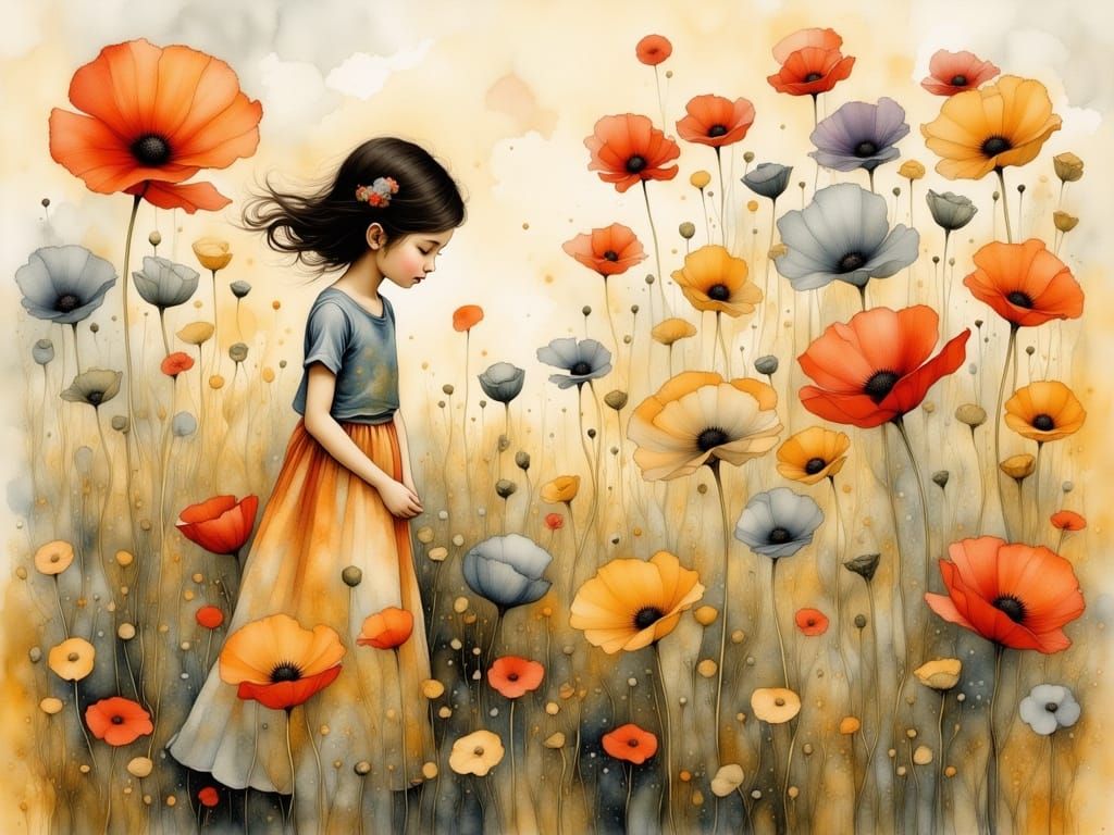 Golden Poppy Art in Liquid Ink Style