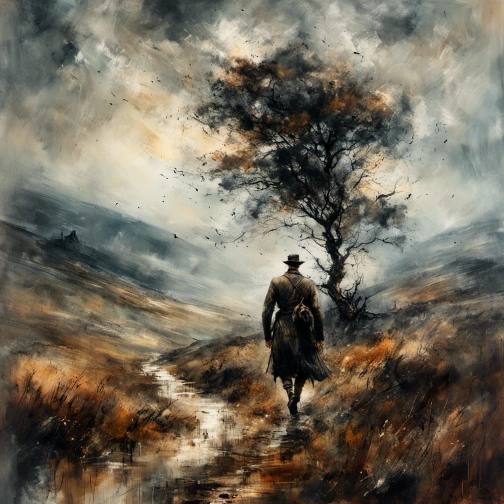 Man in Kilt on Moor, Impressionist Style