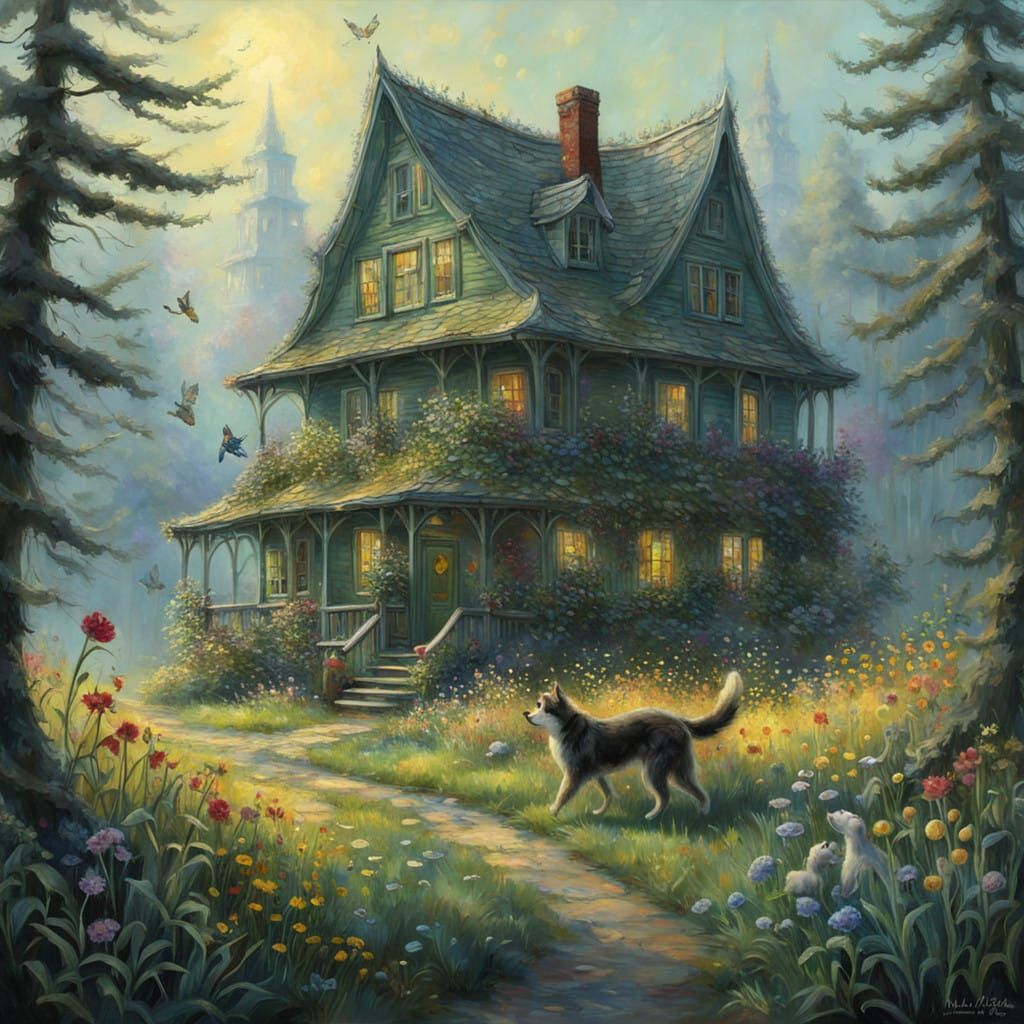 Whimsical Fantasy Meadow Scene in Soft Impressionist Lightin...