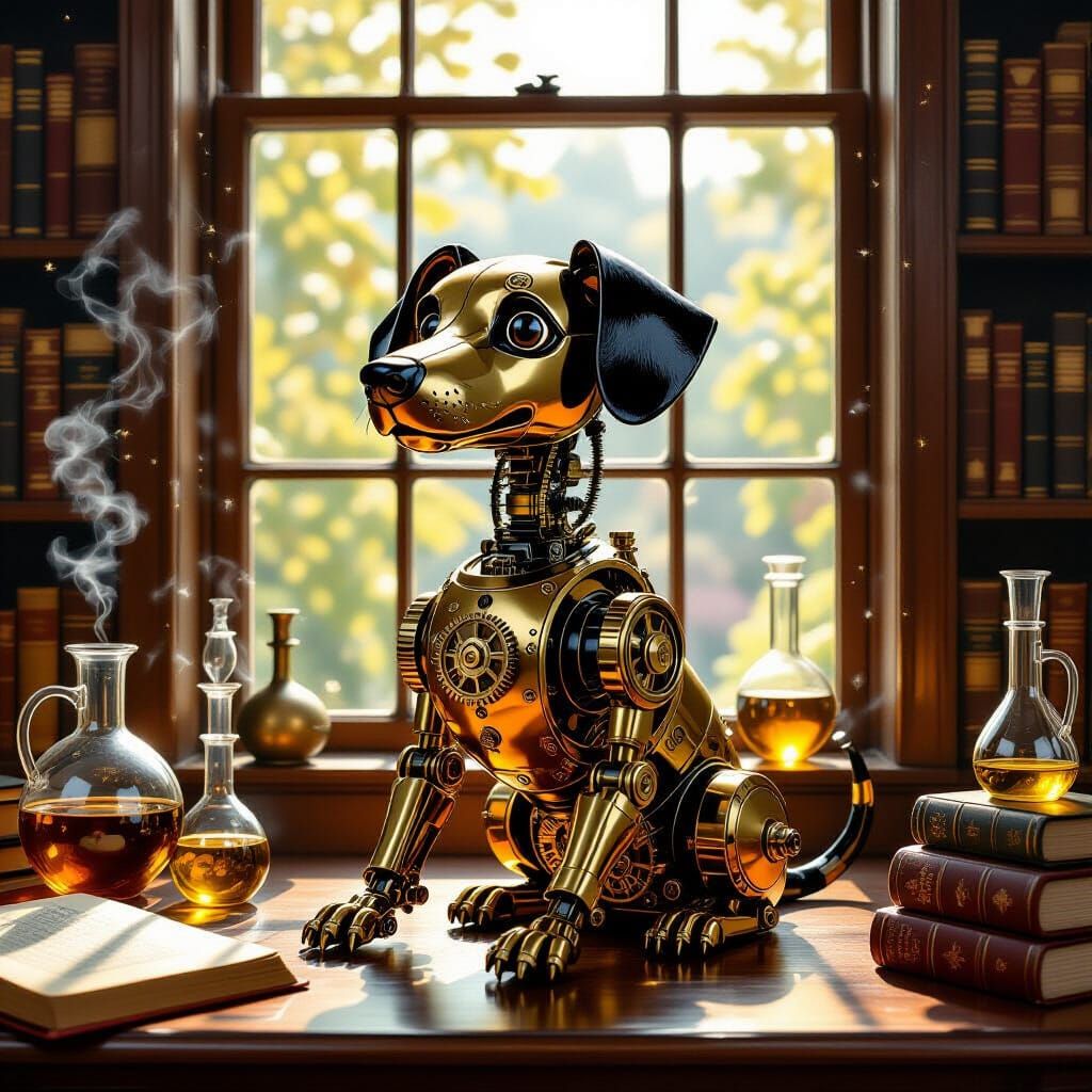 Victorian Automaton Dog in Study, Oil Painting Style