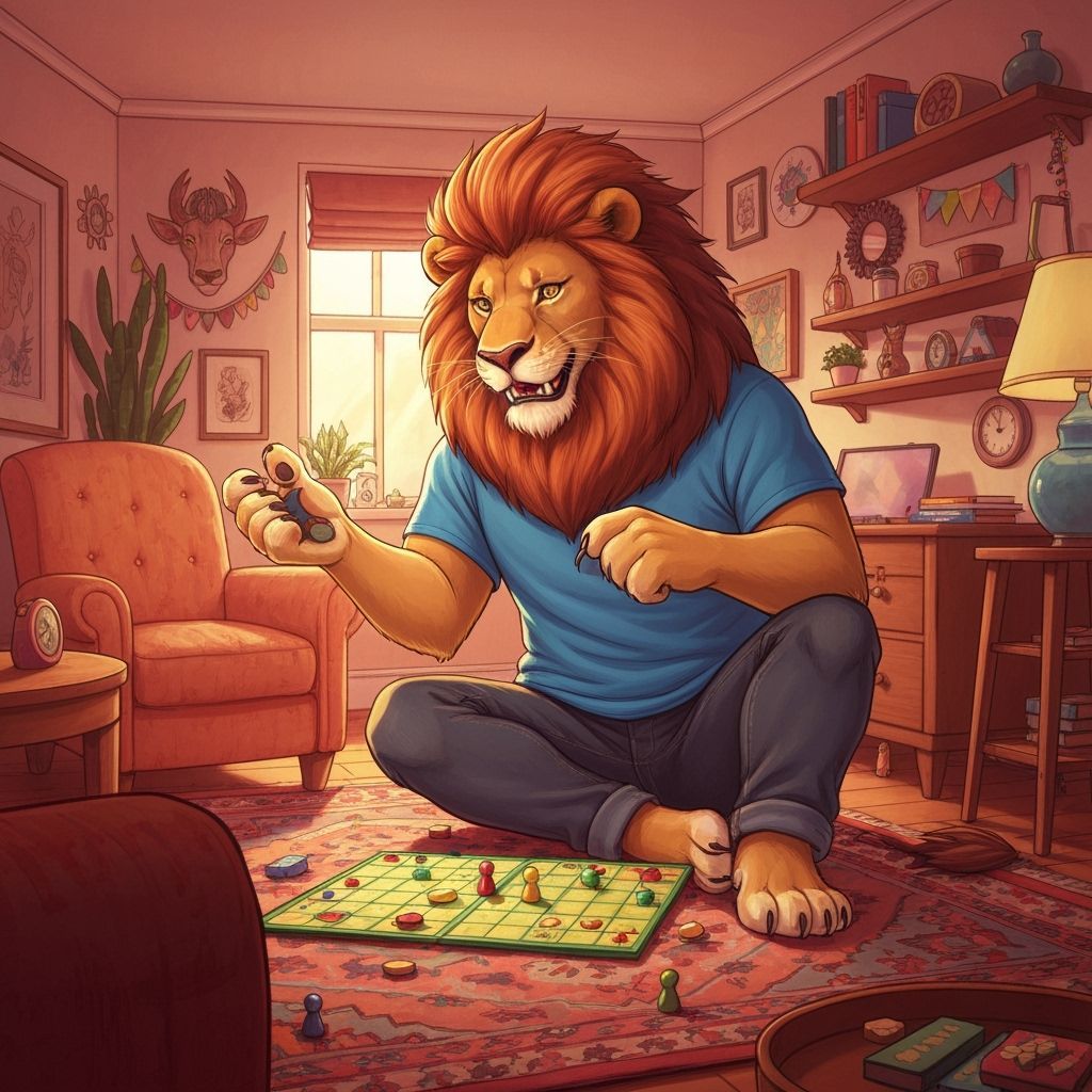 Lion Playing Board Game in Cozy Living Room
