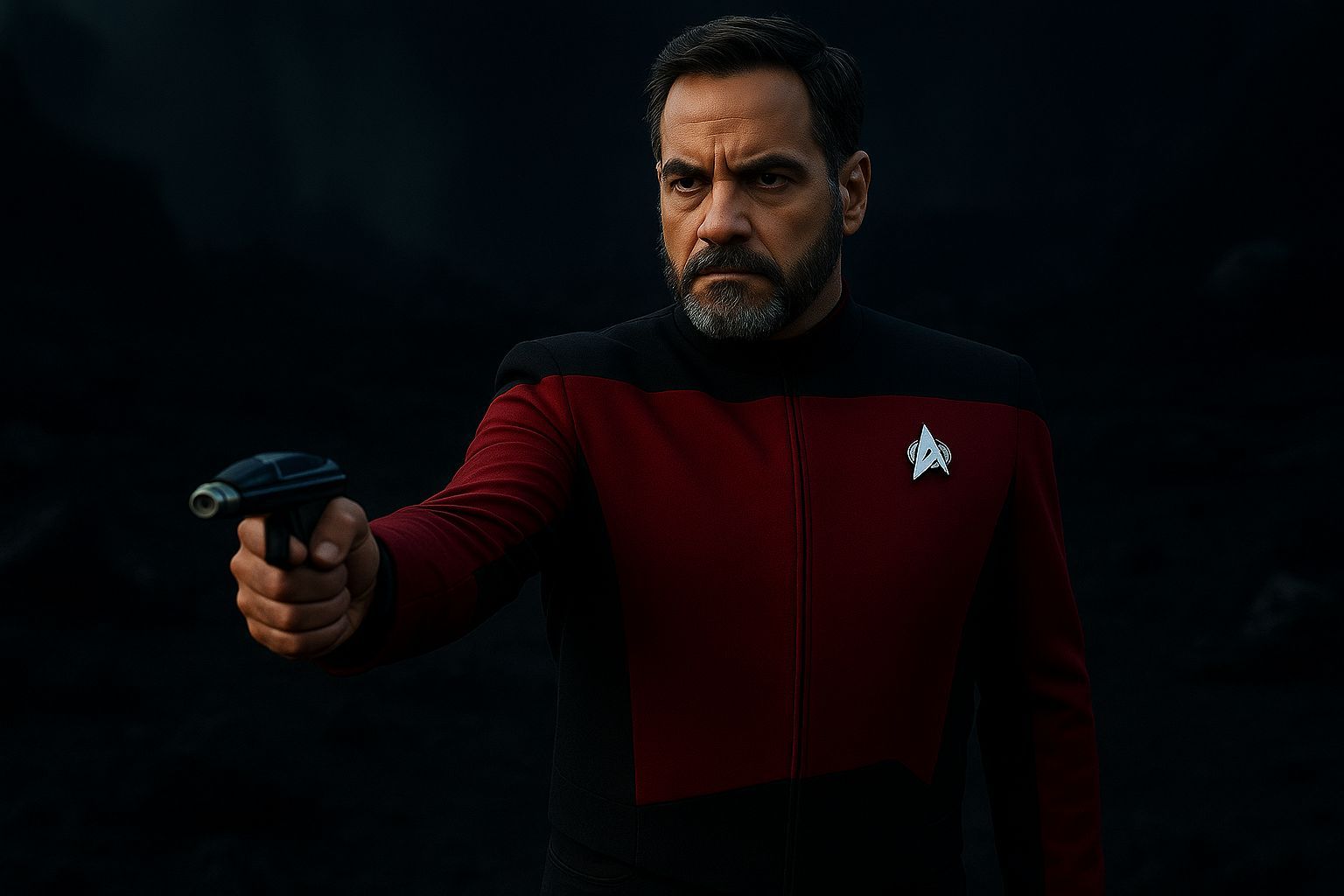 Captain Liam Shaw on Rocky Planet with Phaser