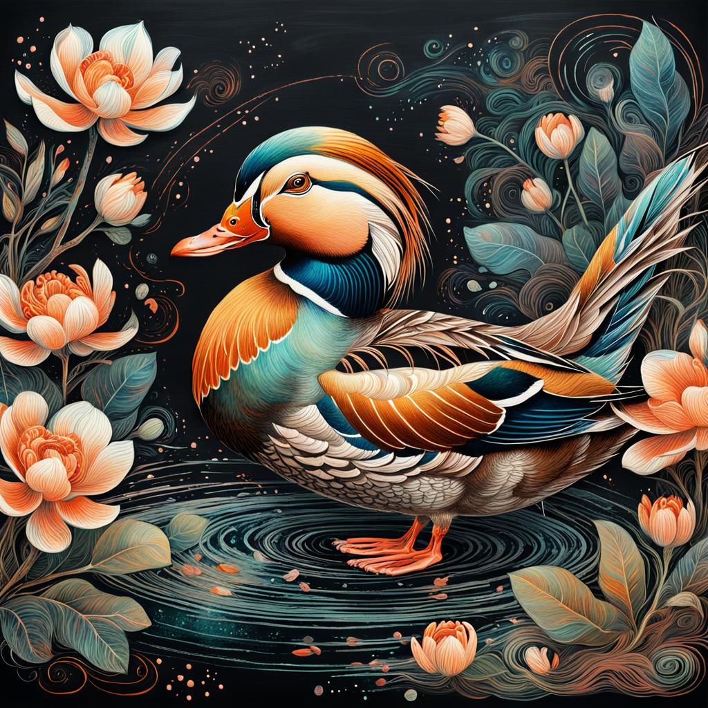 Beautiful Chalk Art Mandarin Duck Illustration