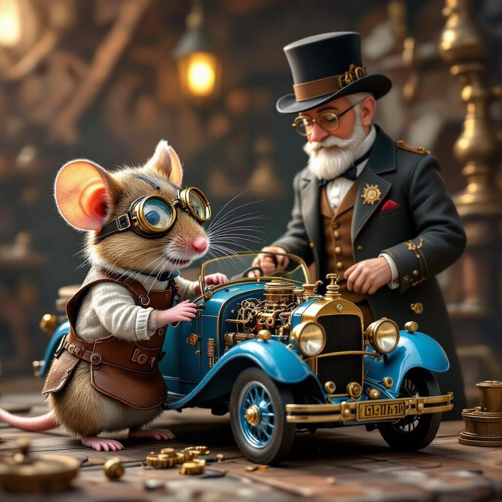 Steampunk Mouse Repairs Vintage Car for Gentleman