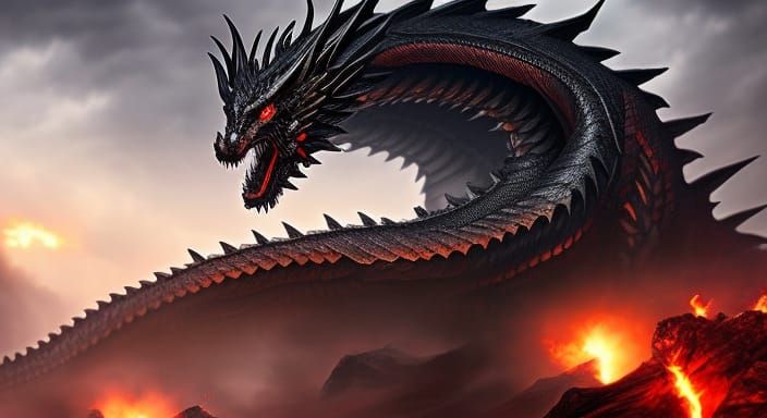 Detailed Black Dragon in Dark Fantasy Style