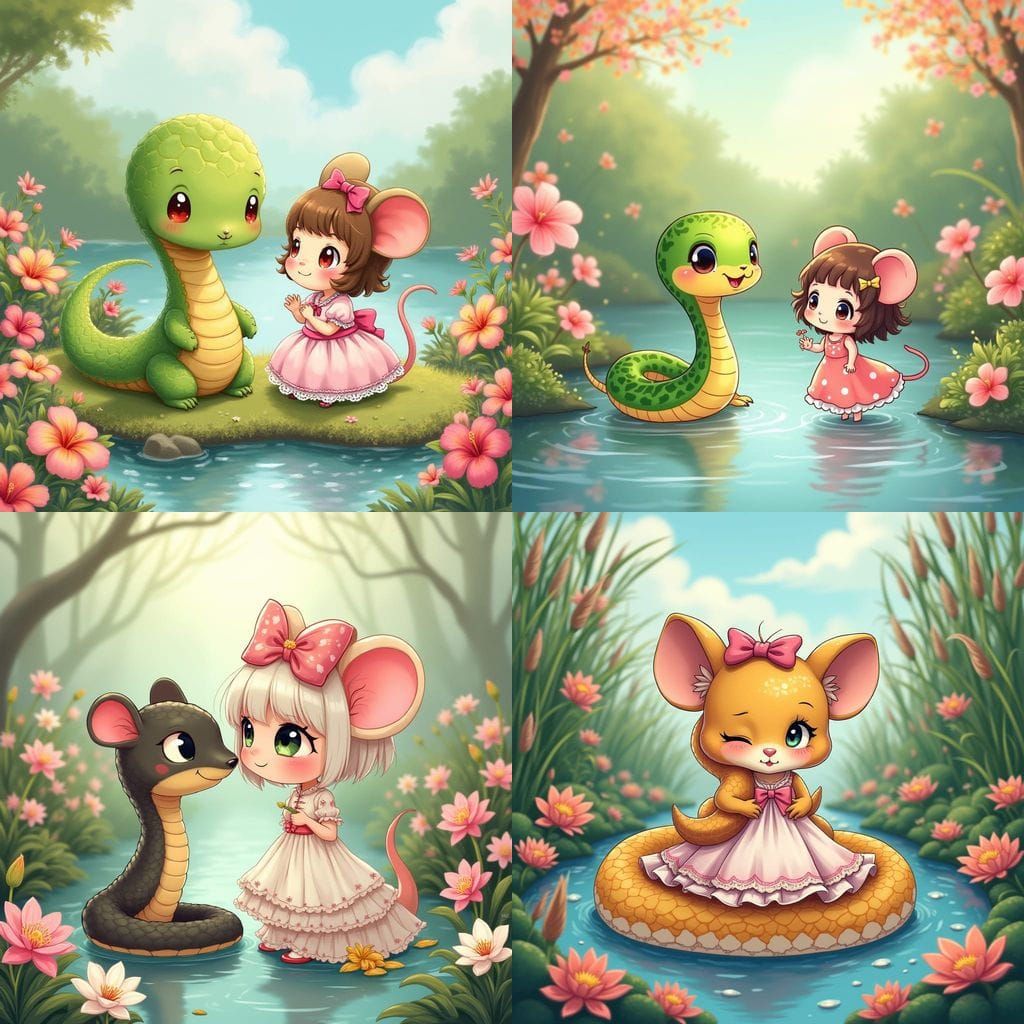 Chibi Snake Friends Girl Mouse on Riverbank in Pink