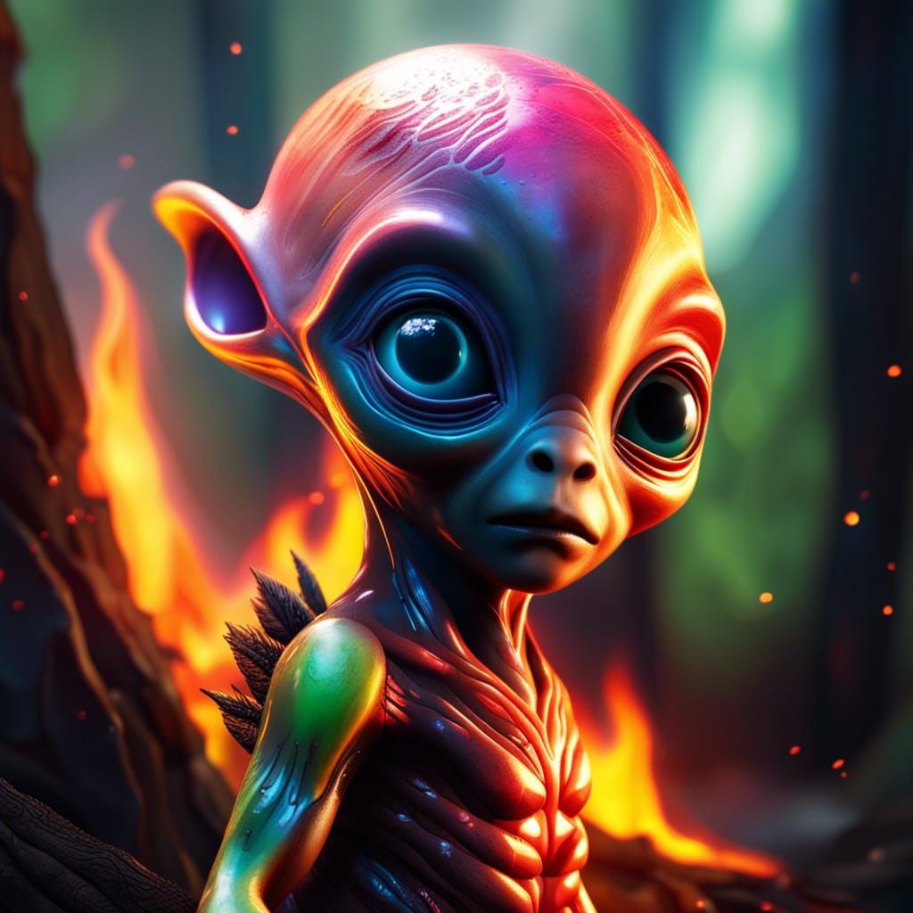 Hyperrealistic Baby Alien in Burning Forest: Splash Art