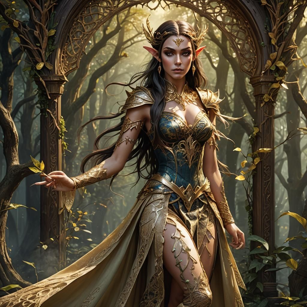 Full body, Elven, wood elf,  girl, beautiful, brunette, semi...