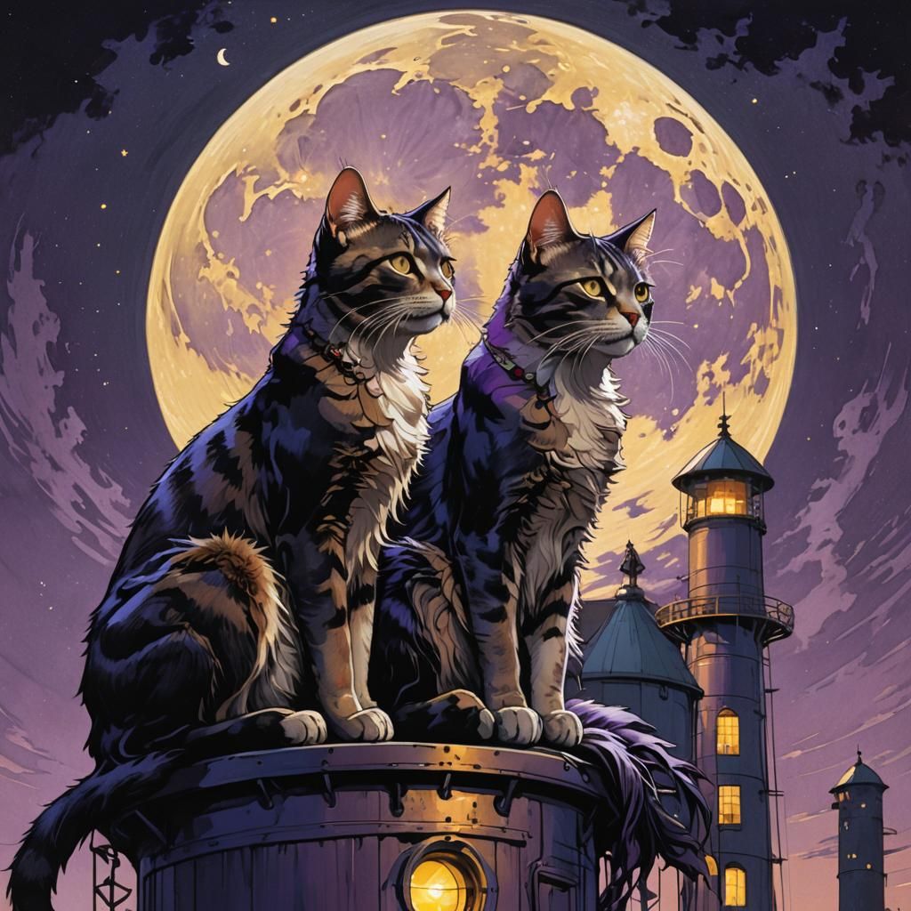 Cats Gazing at the Moon in Art Nouveau Style