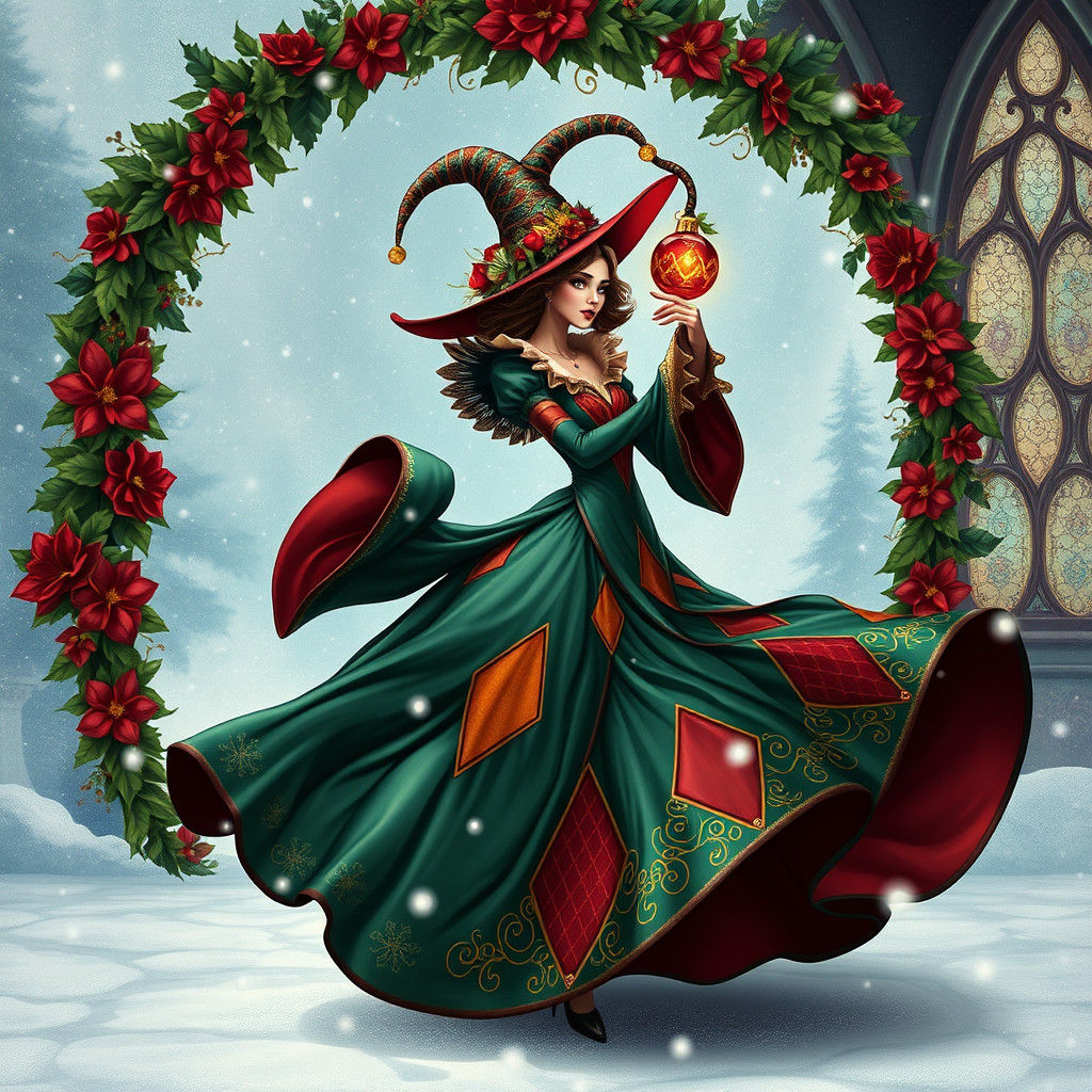Elegant Christmas Witch in Art Nouveau Style
