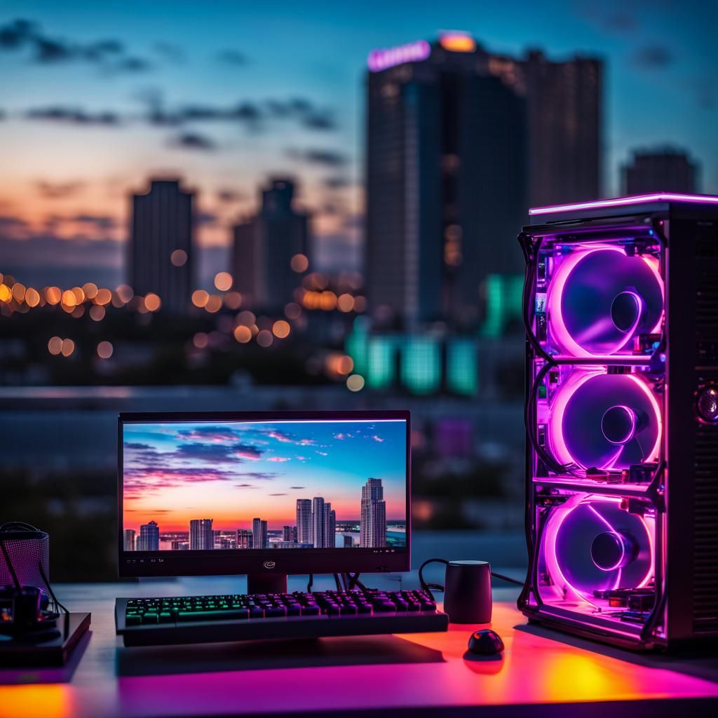 Synthwave Gaming PC Oasis in Miami Vice Tron Style