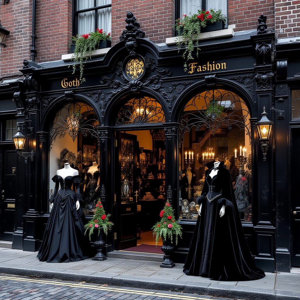 Gothic Fashion House with Black Gowns and Carvings