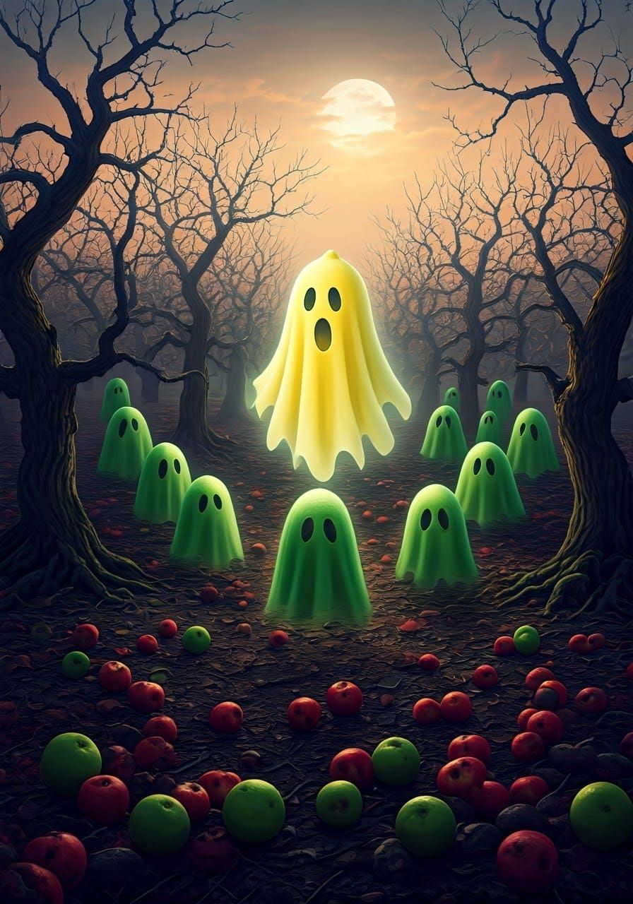 Whimsical Lemon Ghost in Surreal Apple Orchard