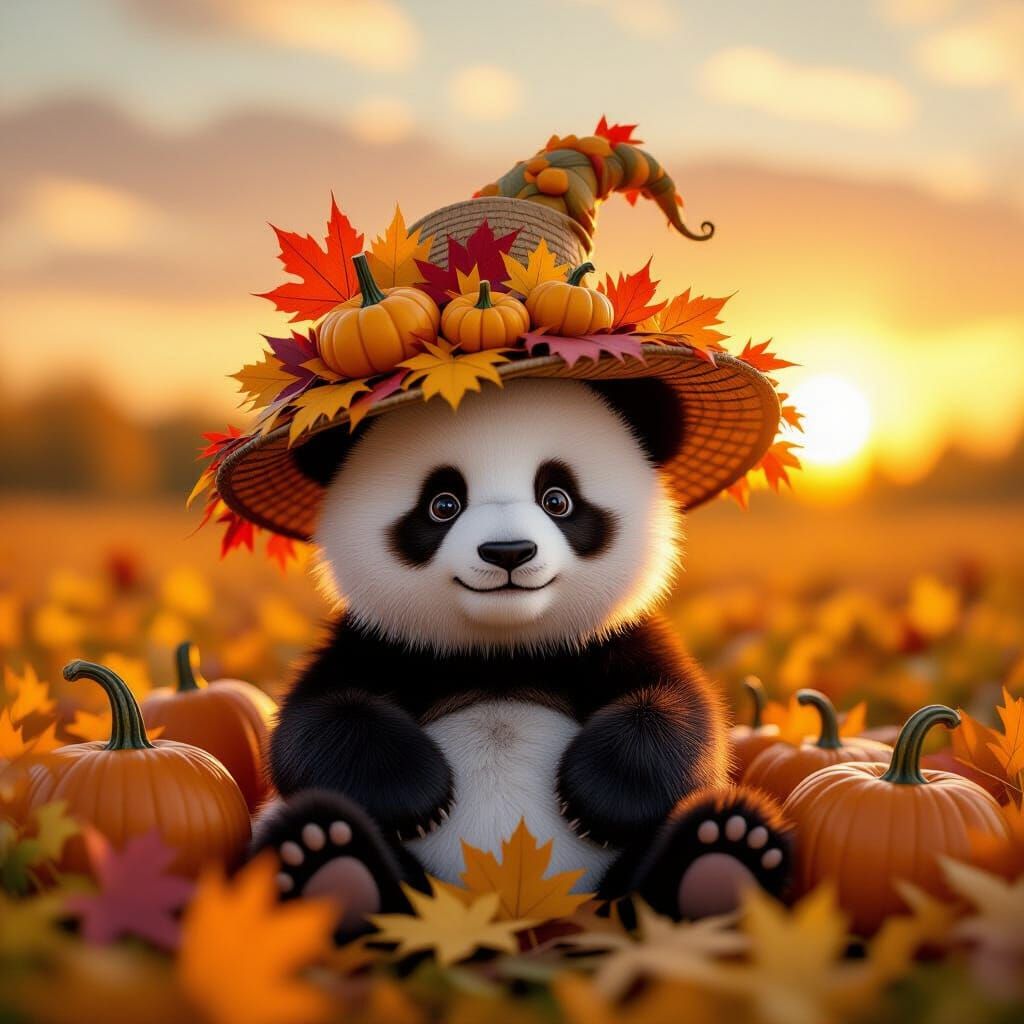 Panda in Autumn Leaf Hat Amid Harvest Field