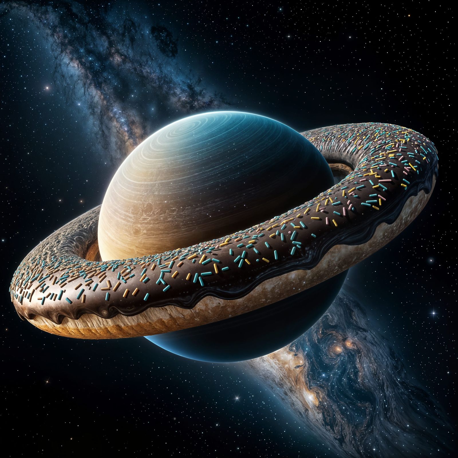 Chocolate Donut Planet with Sprinkles in Space