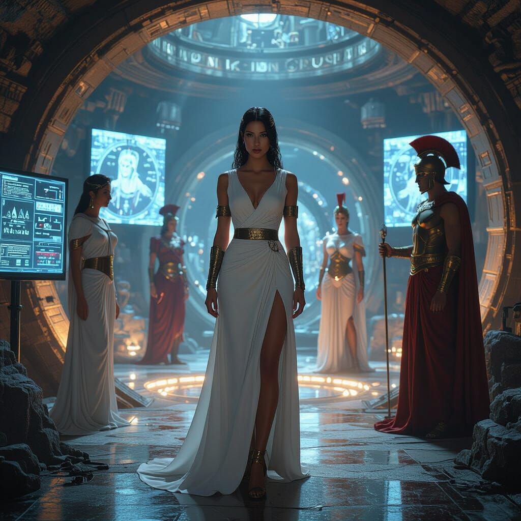 Greek Gods Meeting Underground in a Futuristic Chamber