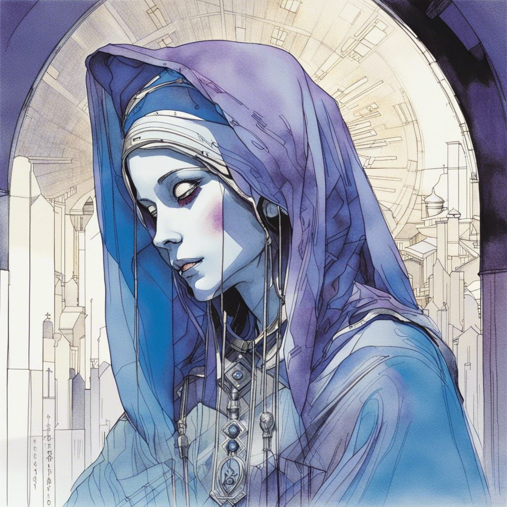 Futuristic Icon of Virgin Mary in Watercolor Style