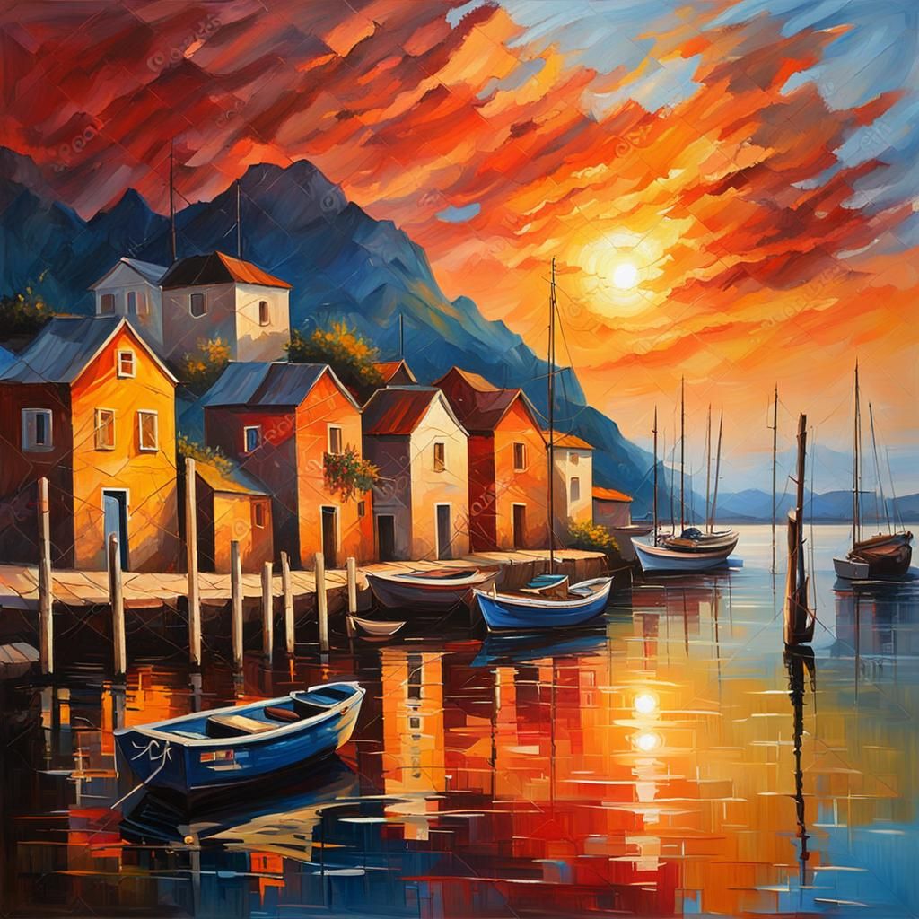 Sunset Over Fishing Harbor: A Classical Painting