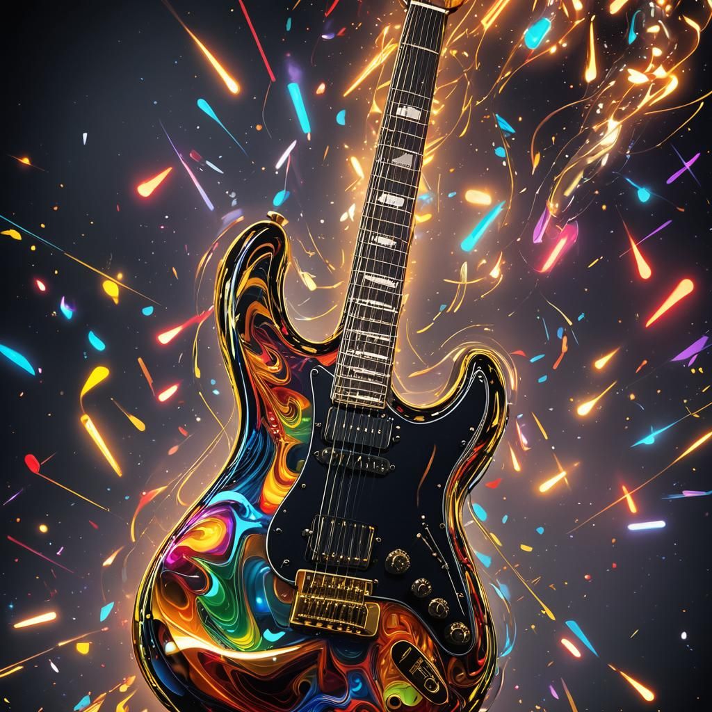 Electric Guitar with Swirling Colored Notes