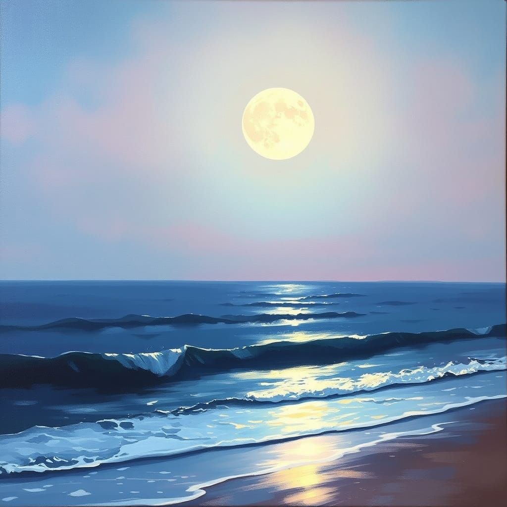 Twilight Seascape with Moonlit Water, Impressionistic Style
