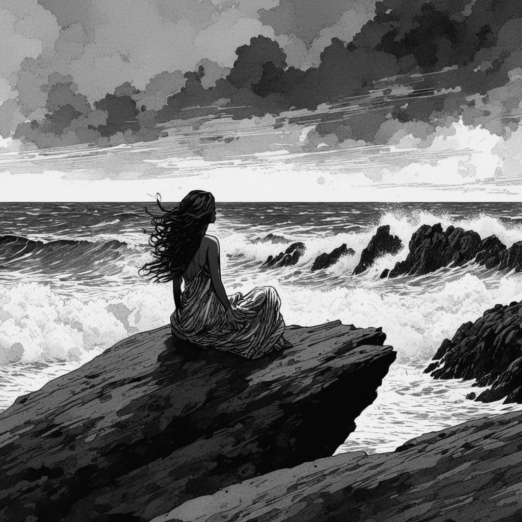 Monochrome Ink Drawing: Woman by the Sea