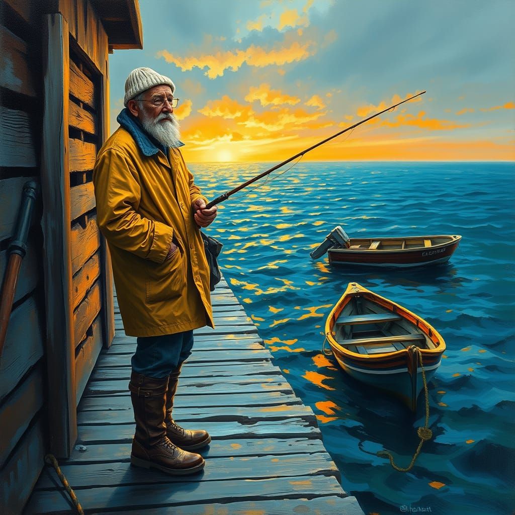 Weathered Fisherman Casts Line at Sunset on Wooden Pier