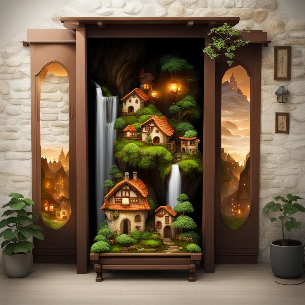 Enchanting Fairy Town with Waterfall