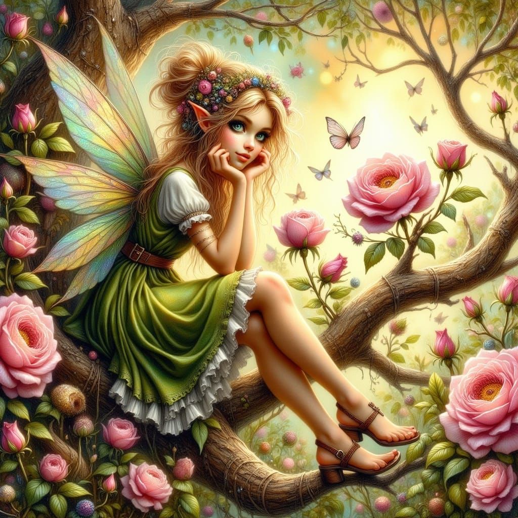 Whimsical Fairy on Weathered Rose Bush in Watercolor Punk St...