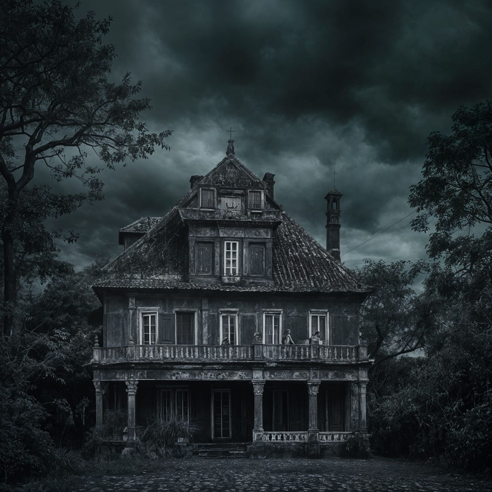 Spooky Old House with Macabre Dwarves in Moonlight