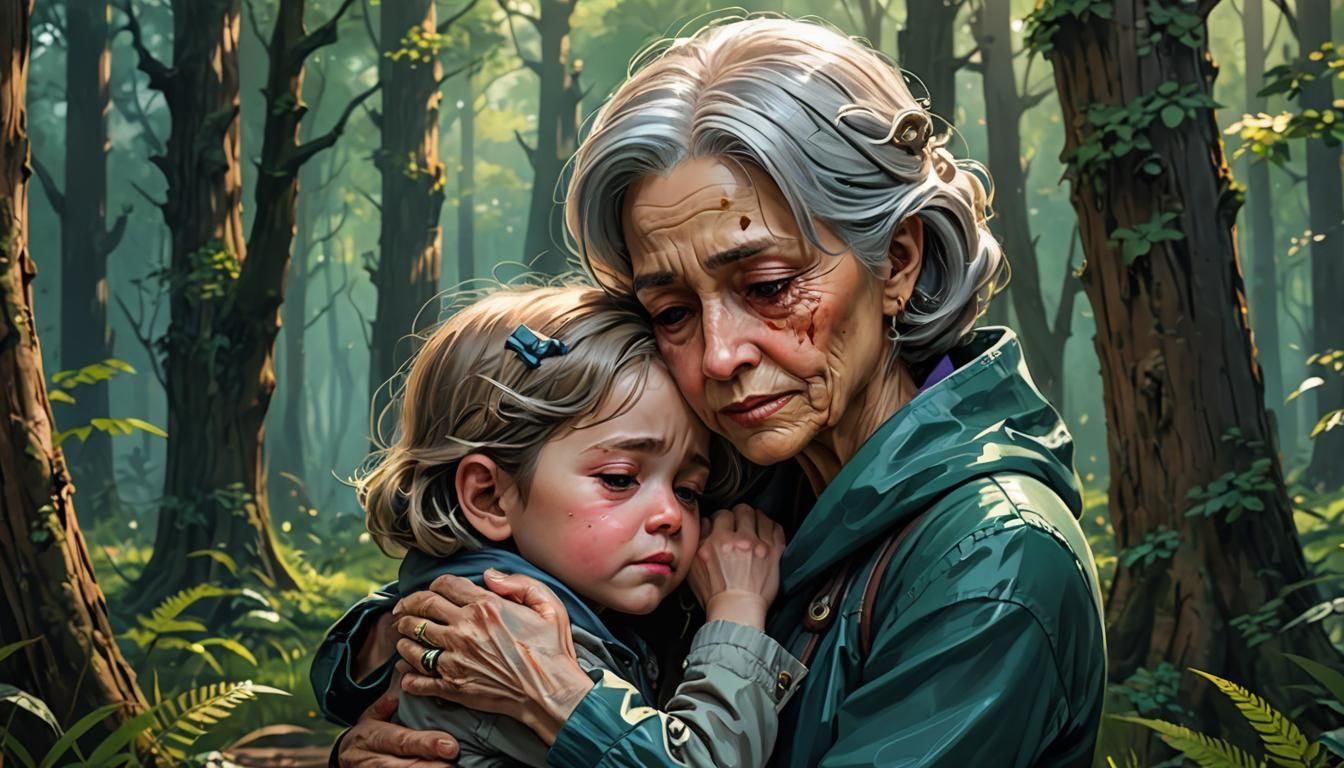 Emotional Mother and Child in Forest Landscape
