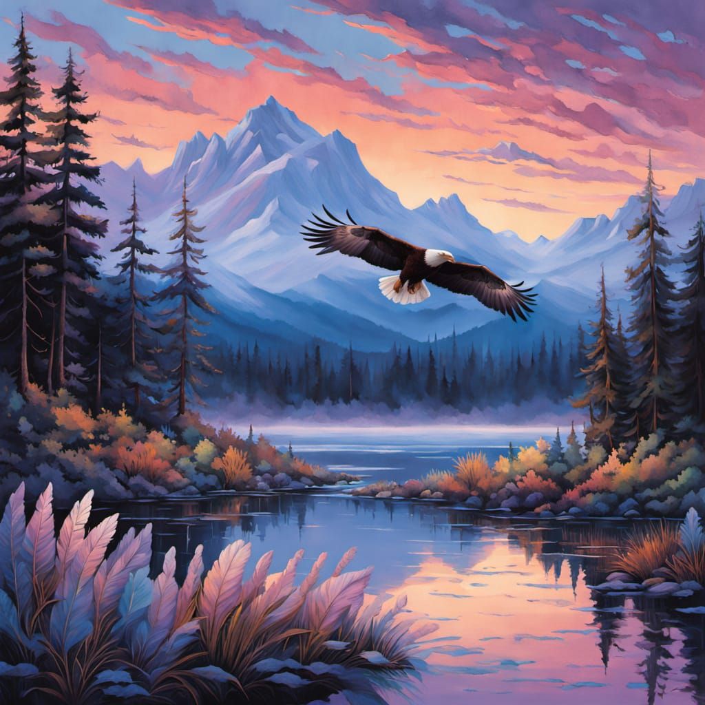 Ethereal Eagle Soars Over Mystical Twilight Landscape