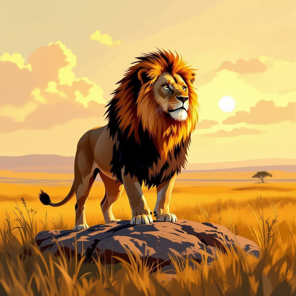 Lion with Fiery Mane on Savannah in Painterly Style
