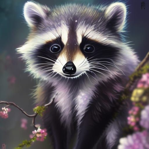 Fluffy Raccoon Portrait in Autumn Forest, 3D Render