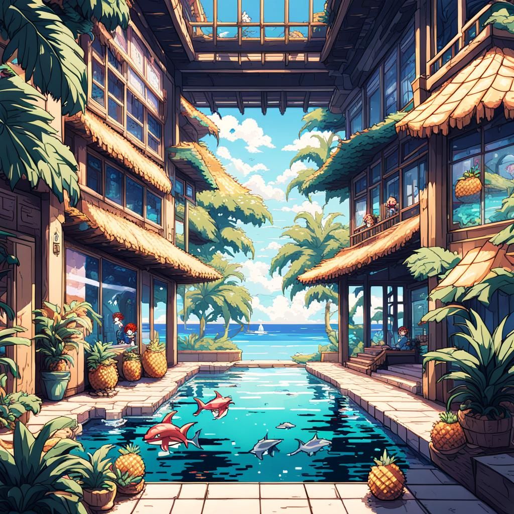 8-Bit Pixel Bedroom in Pineapple, Anime Style