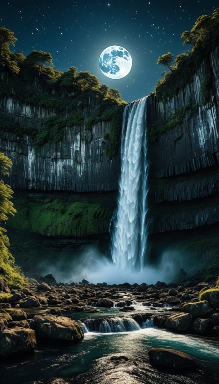 Majestic Waterfall at Night in Hyper-Realistic Photography