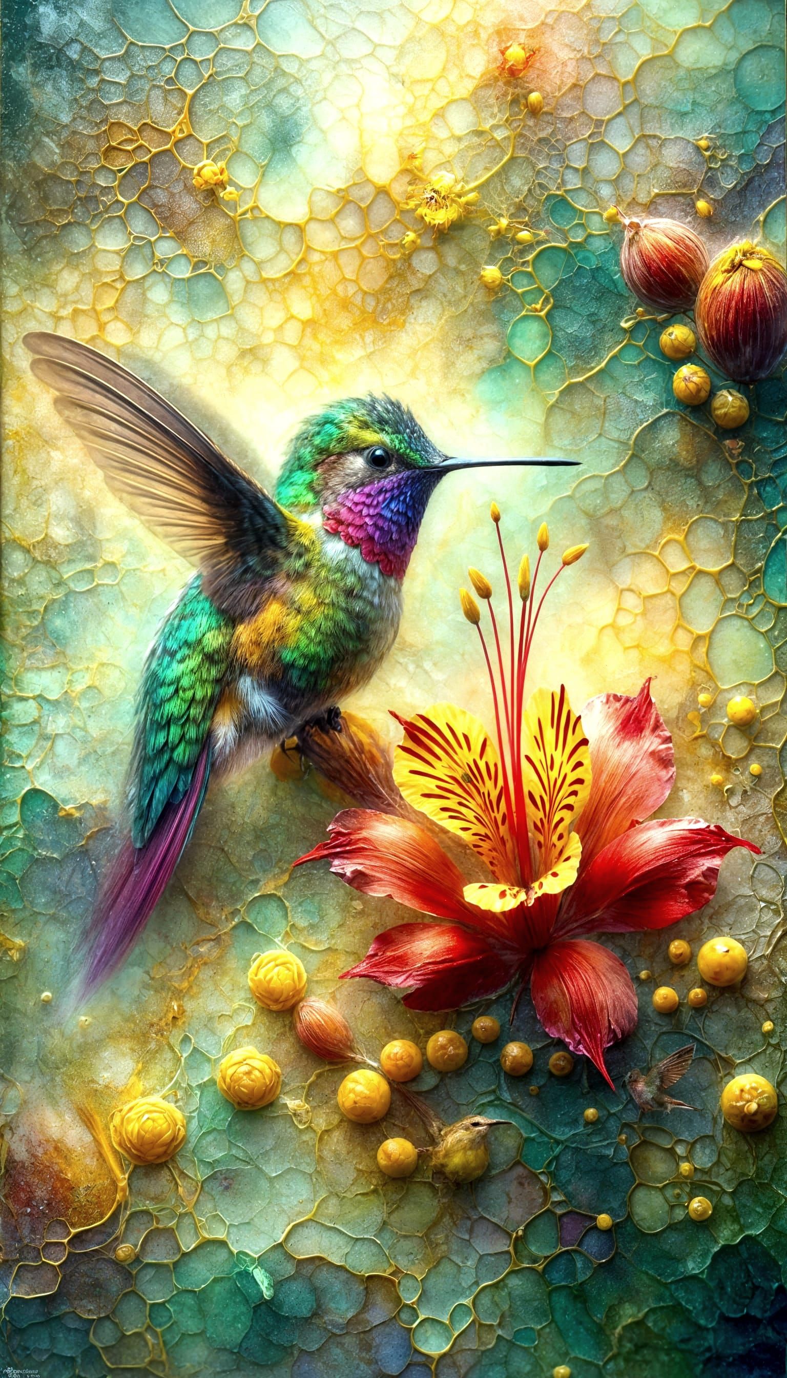 Encaustic Hummingbird in Vibrant Bloom