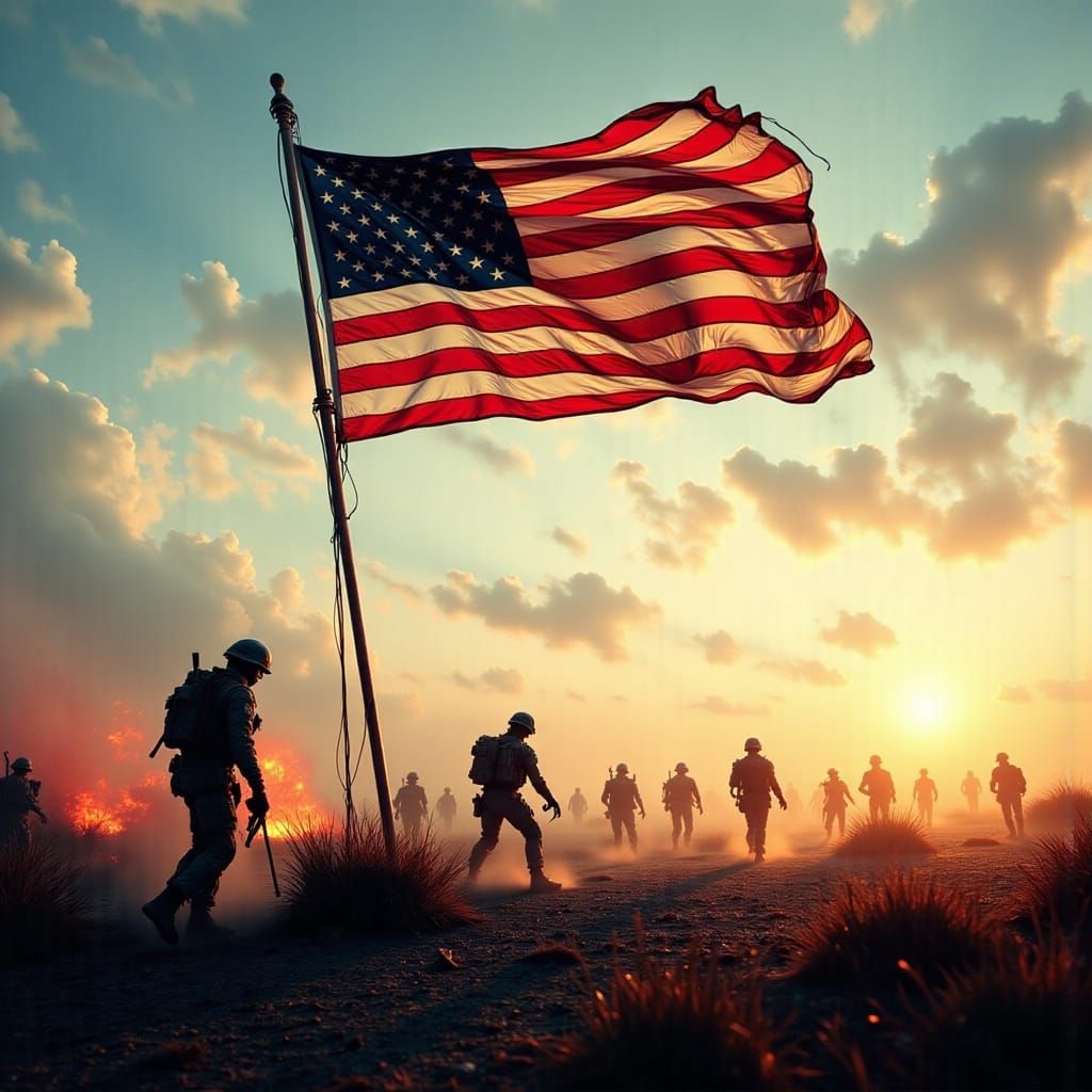 Cyberpunk American Flag Waves Over Darkened Battlefield