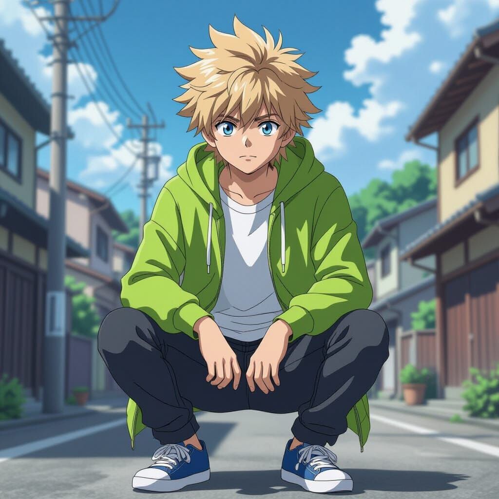 Teenager in Lime Green Hoodie, Studio Ghibli Anime Style