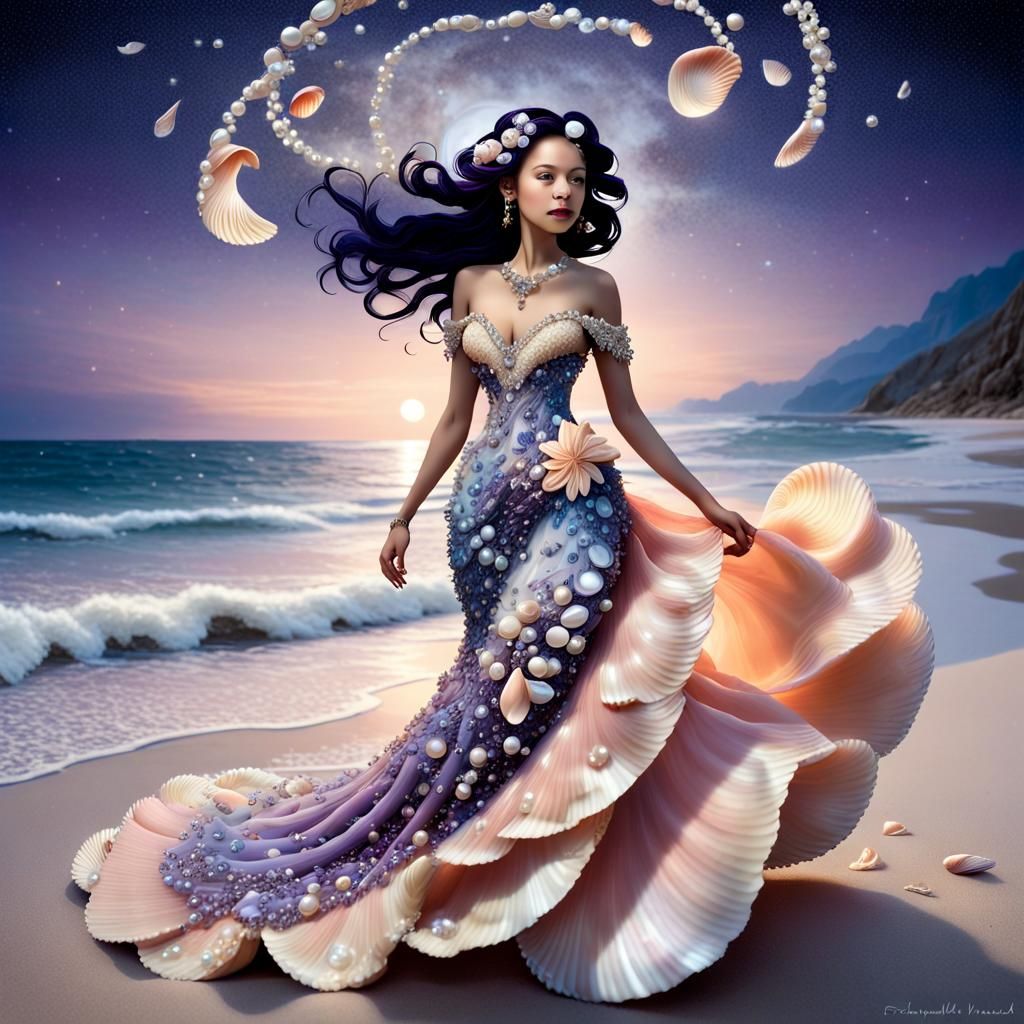 Diamond Seashell Gown on Moonlit Beach