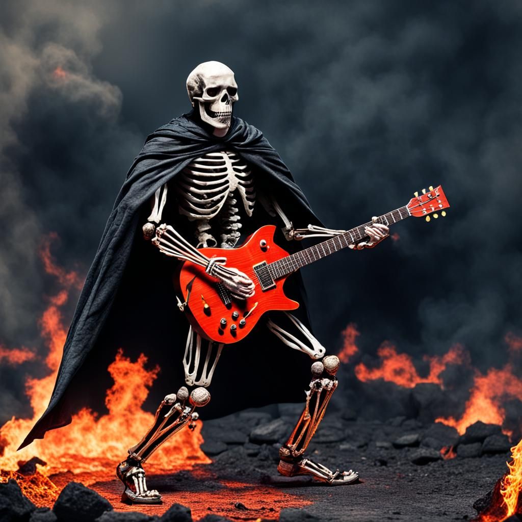 Skeleton dressed with a cape playing guitar metal in a burning hell